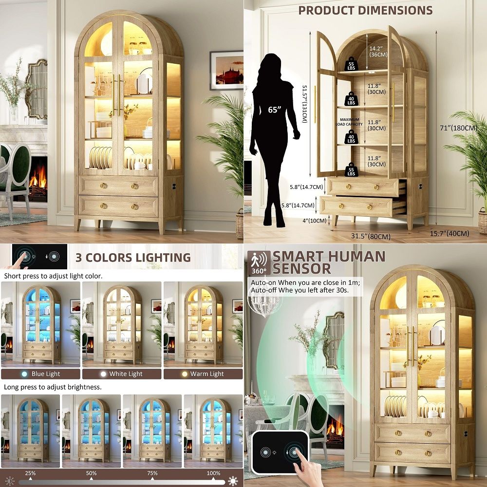 Glass Cabinet Display - Vitrina Arqueada de 71 Pulgadas con